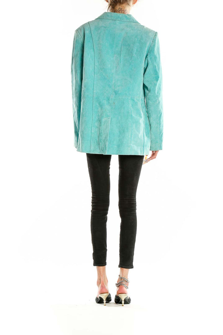 Back view of turquoise suede button-up jacket by Dialogue