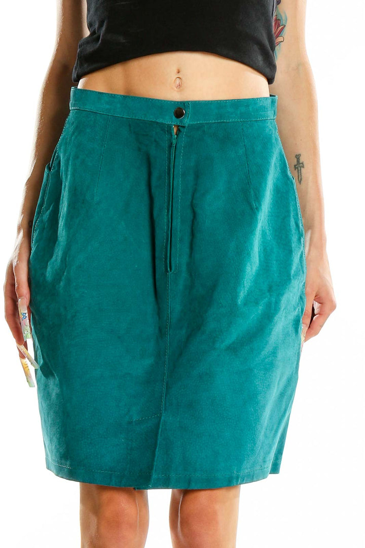 Front view of Bagatelle teal leather pencil skirt