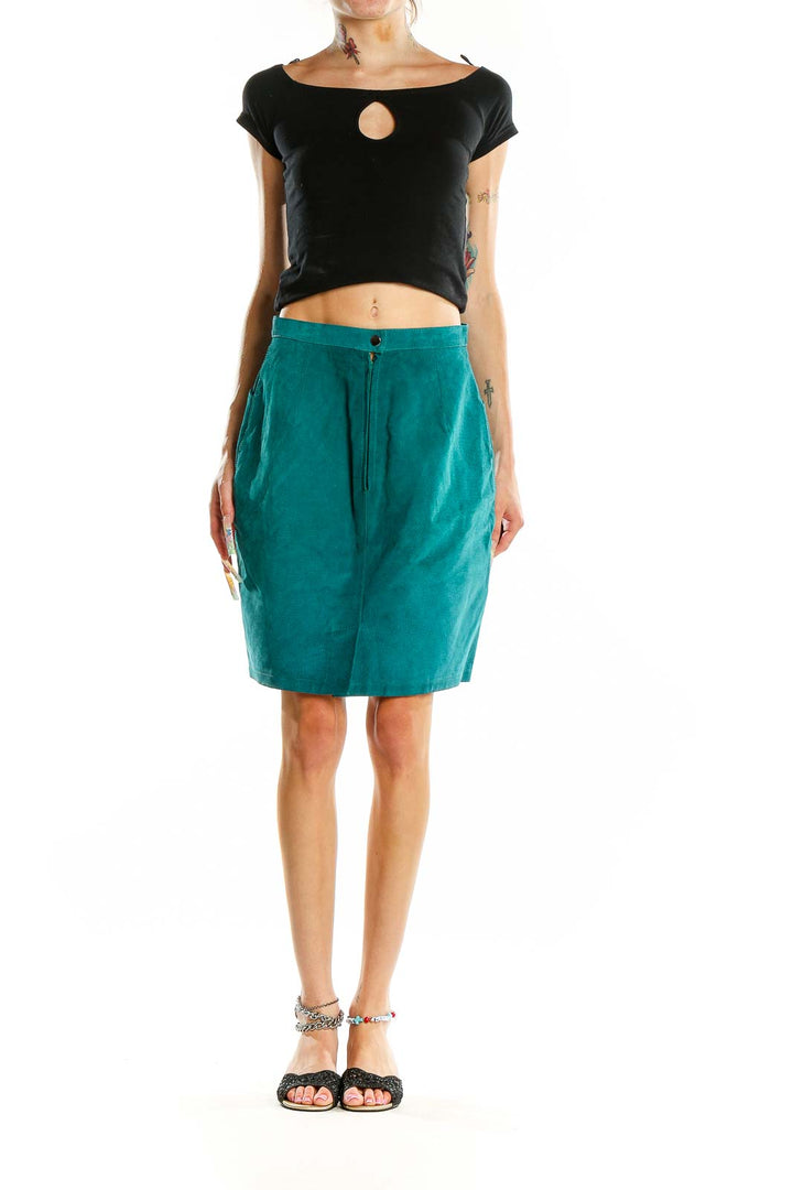 Front view of Bagatelle teal leather pencil skirt