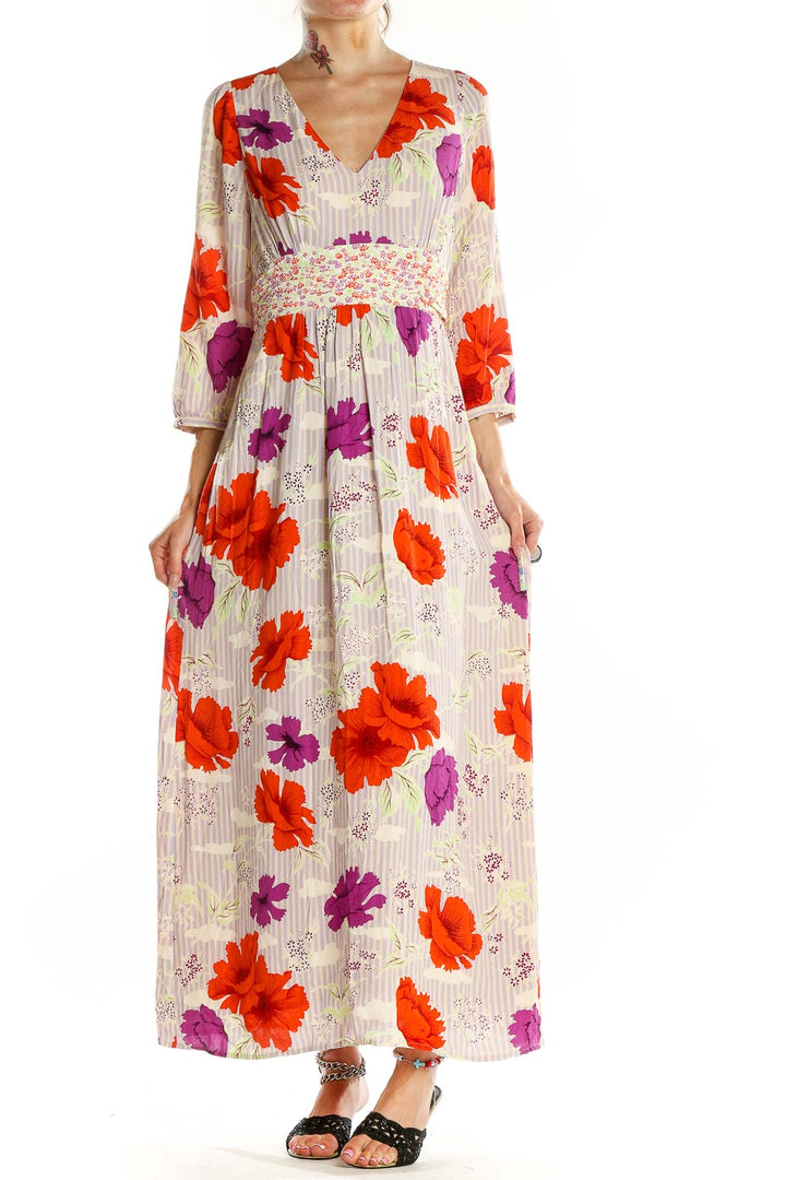 Multicolor V Neck 3-4th Sleeve Floral Print Maxi Dress