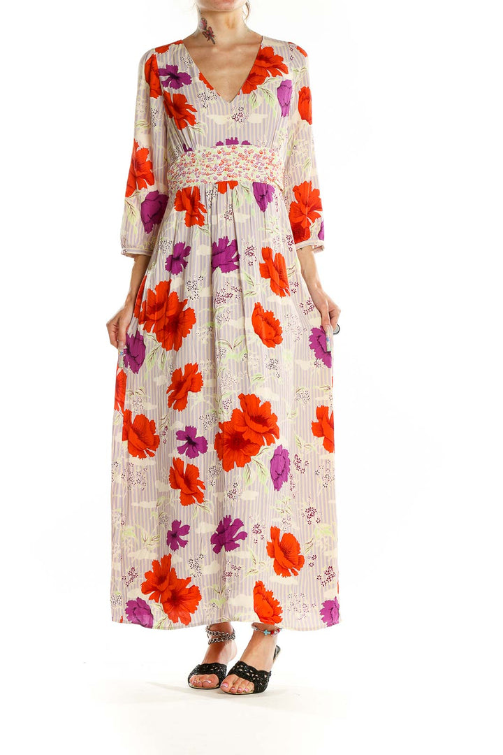 Multicolor V Neck 3-4th Sleeve Floral Print Maxi Dress