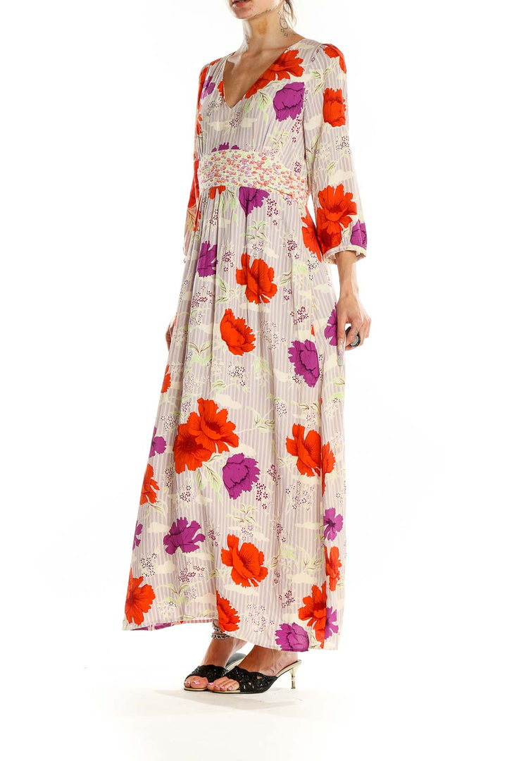 Multicolor V Neck 3-4th Sleeve Floral Print Maxi Dress