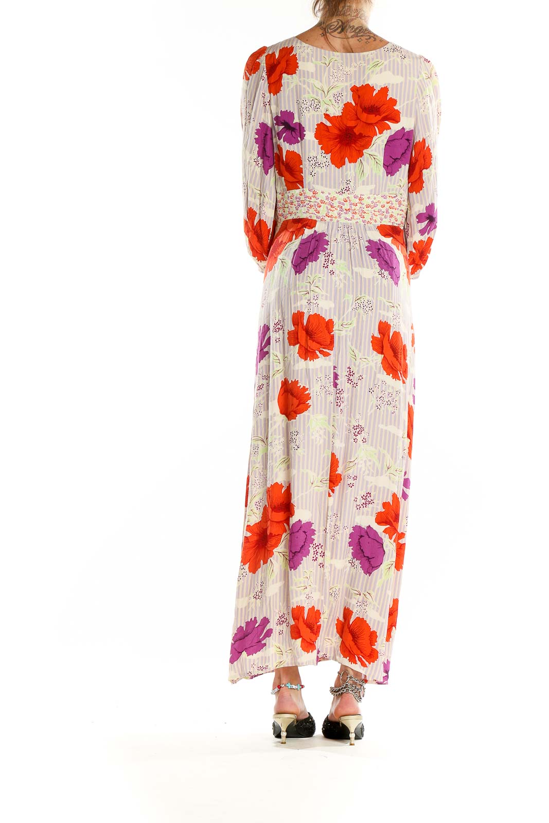 Multicolor V Neck 3-4th Sleeve Floral Print Maxi Dress