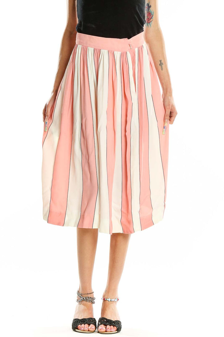 Pink White Striped Flared Skirt