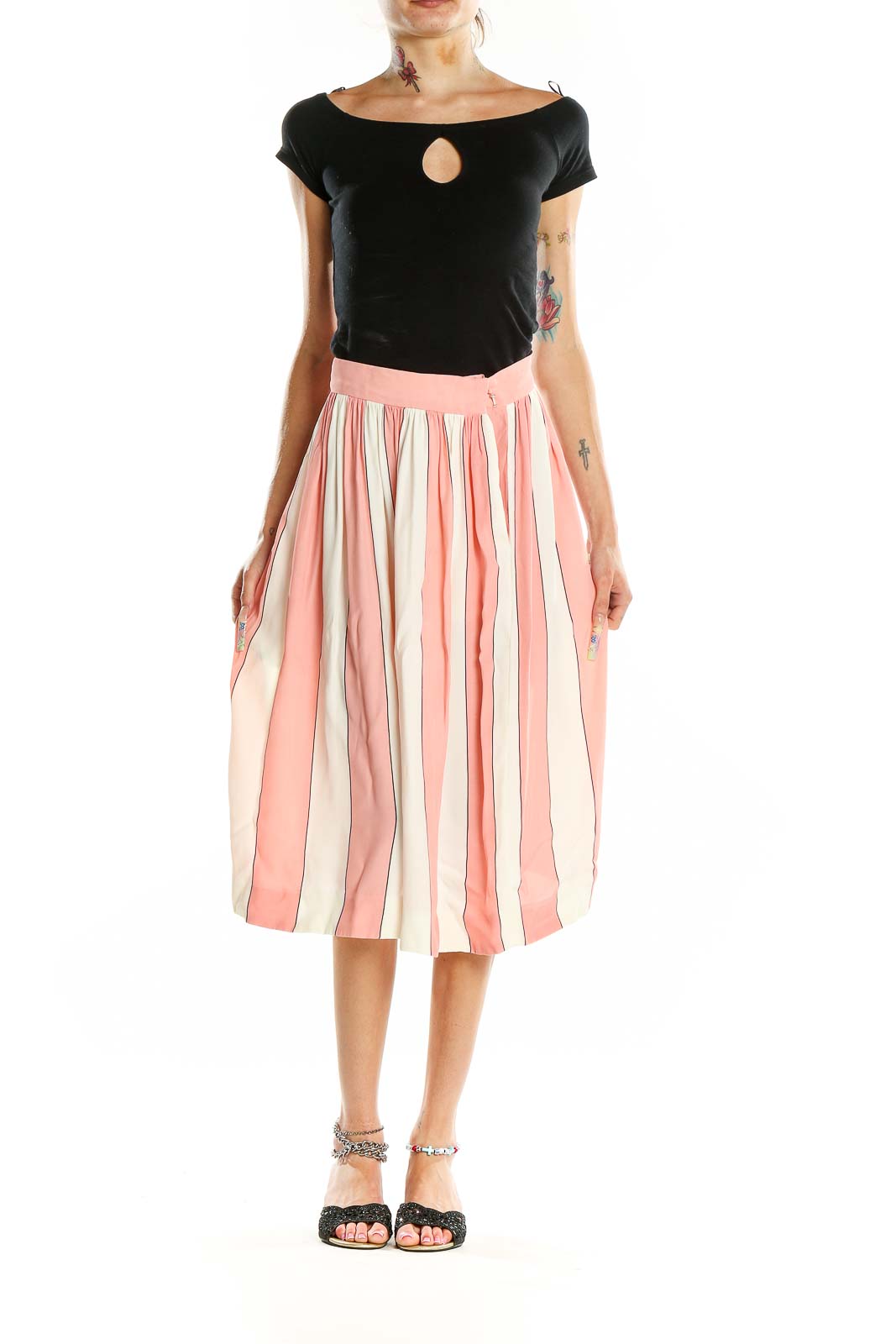 Pink White Striped Flared Skirt