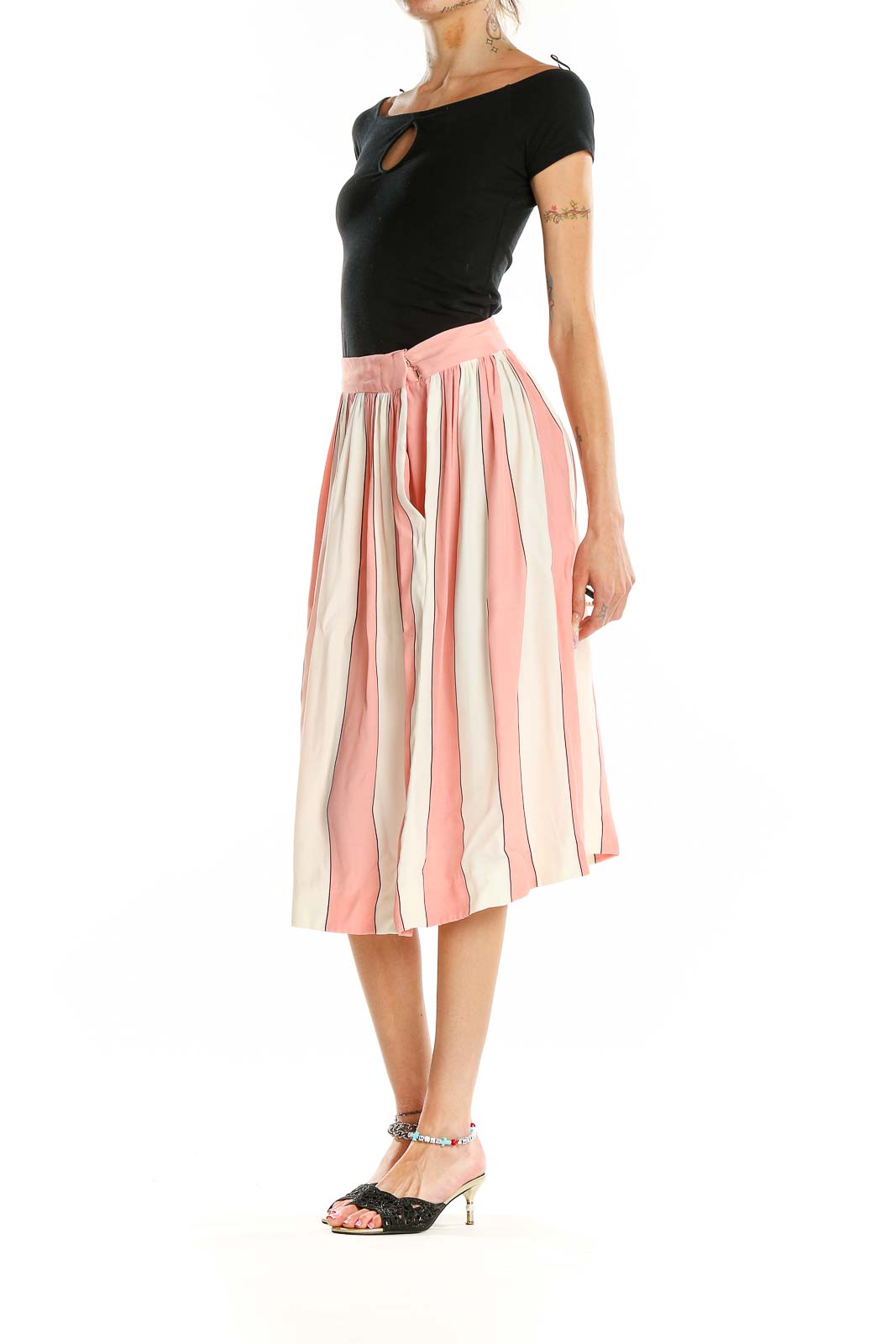 Pink White Striped Flared Skirt