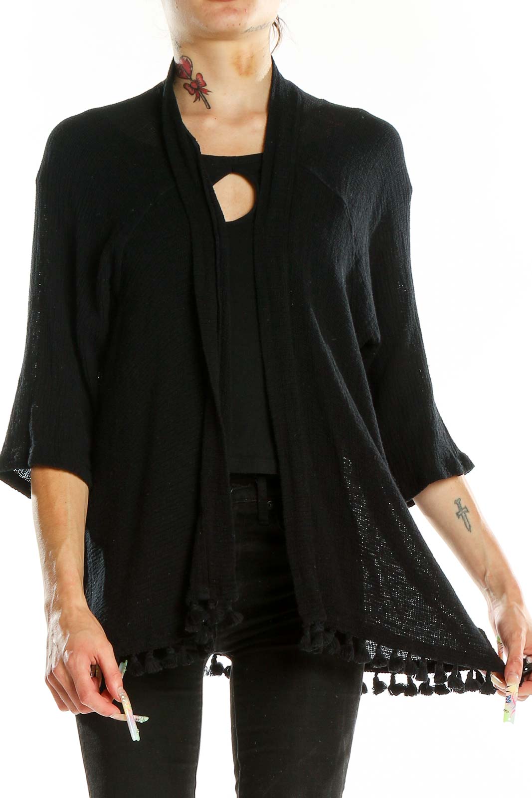 Front view of Michael Stars black cotton knit cardigan with tassel trim