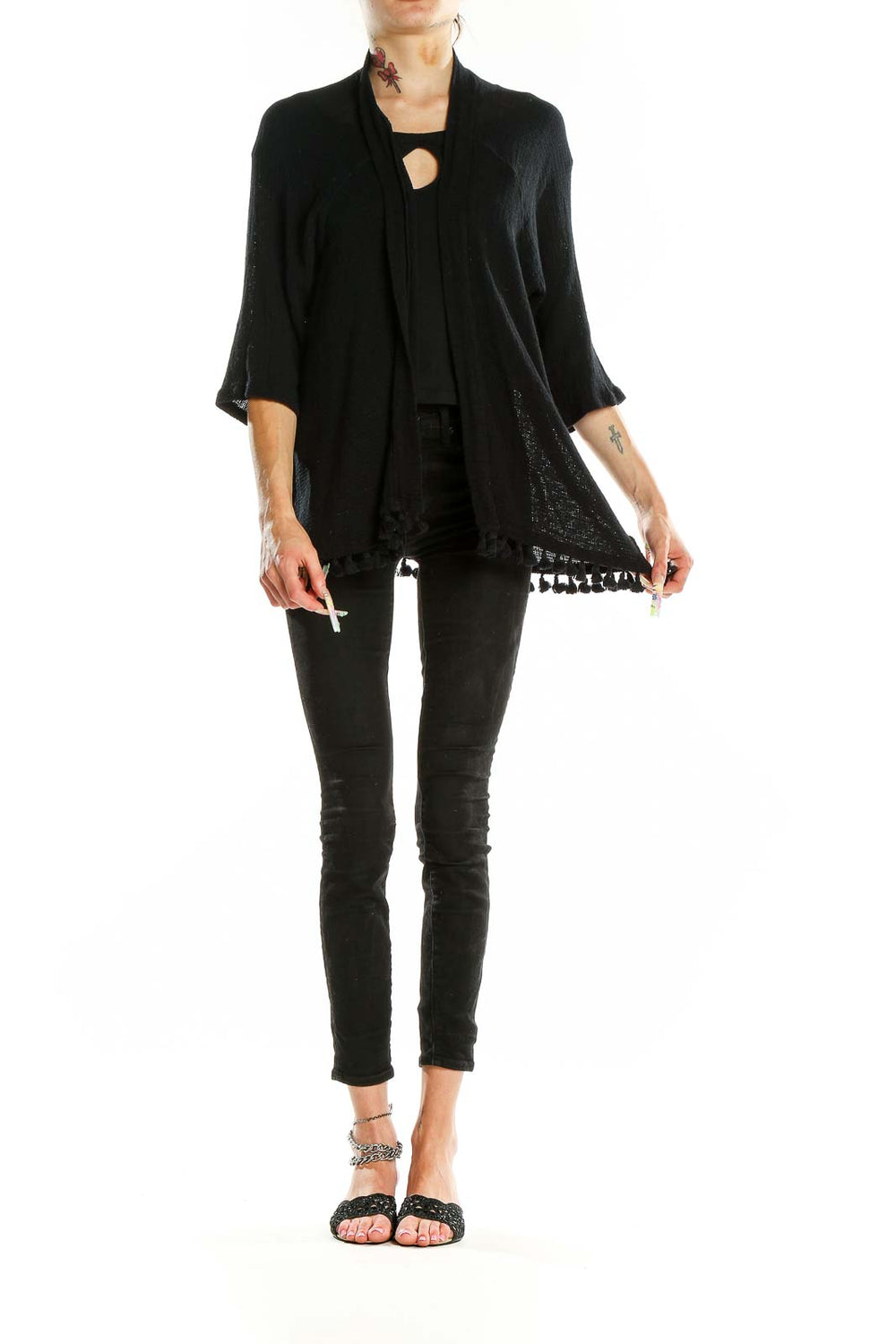 Front view of Michael Stars black cotton knit cardigan with tassel trim