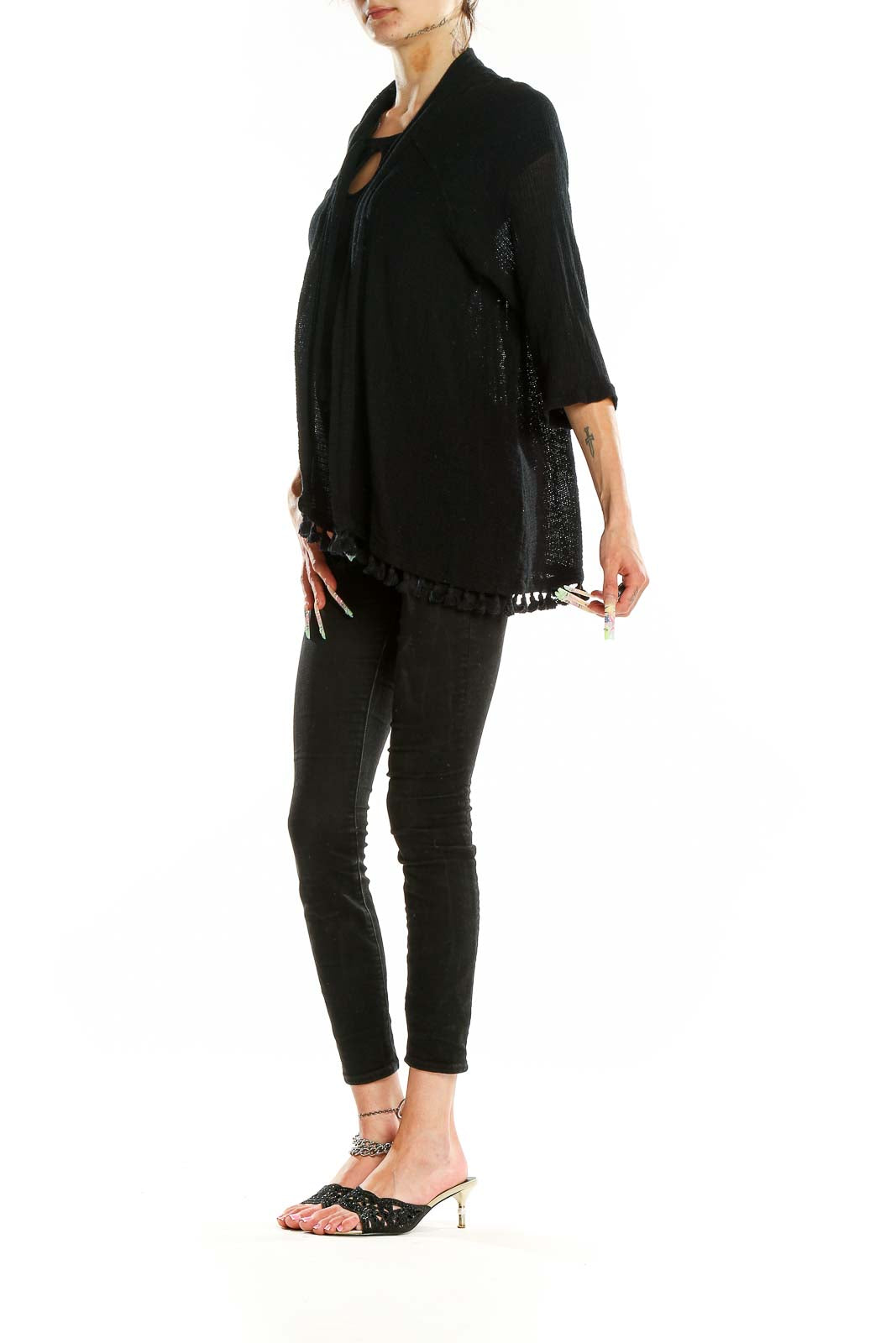 Front view of Michael Stars black cotton knit cardigan with tassel trim