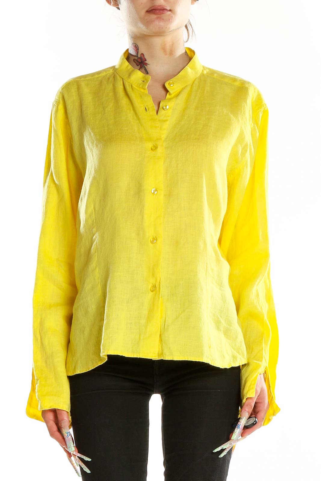 Front view of bright yellow linen button-down shirt by David Saddler