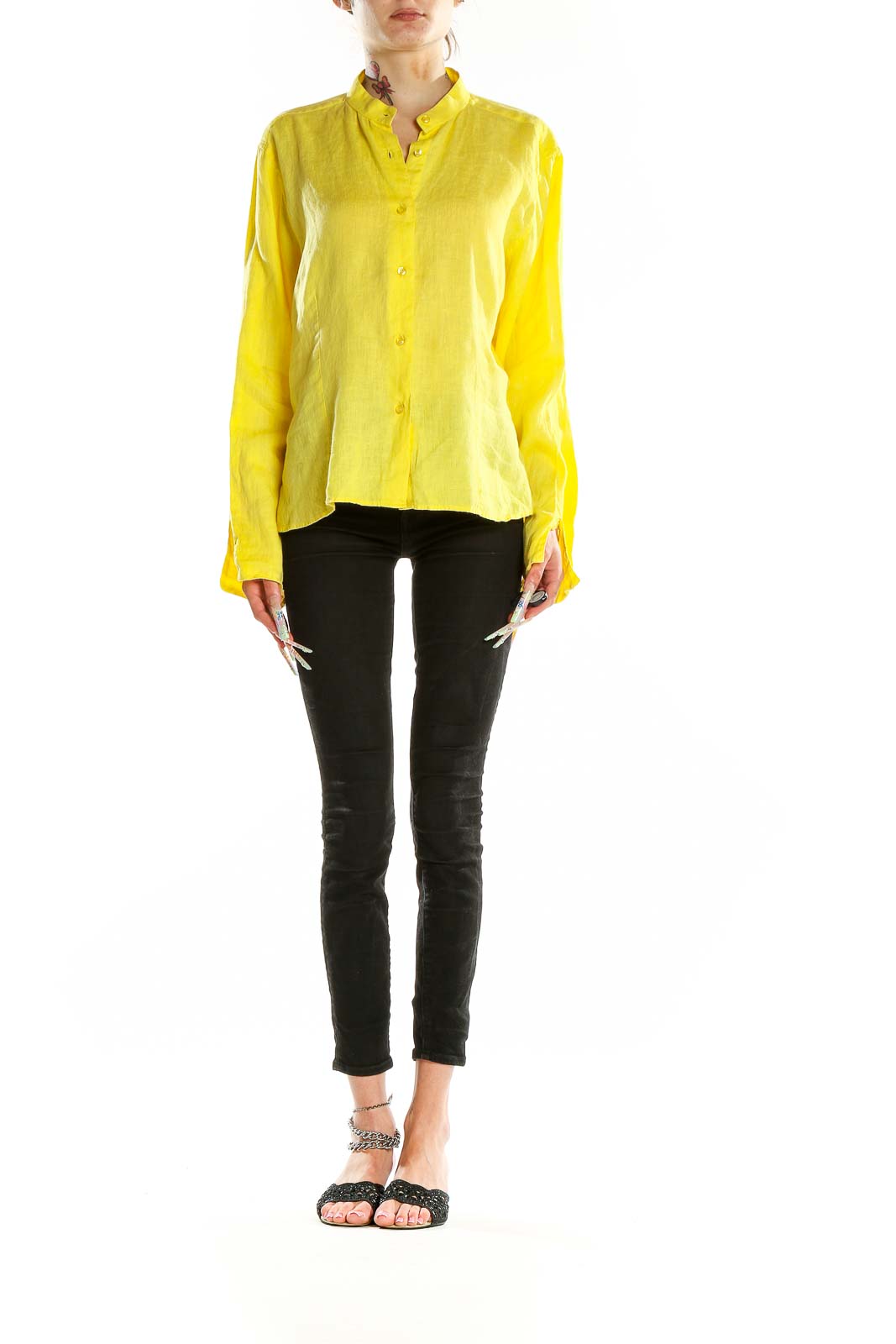 Front view of bright yellow linen button-down shirt by David Saddler