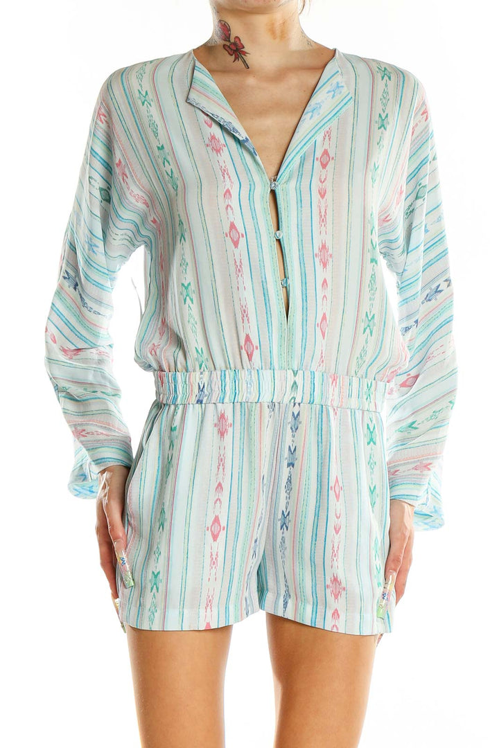 Blue Long Sleeve Printed Romper