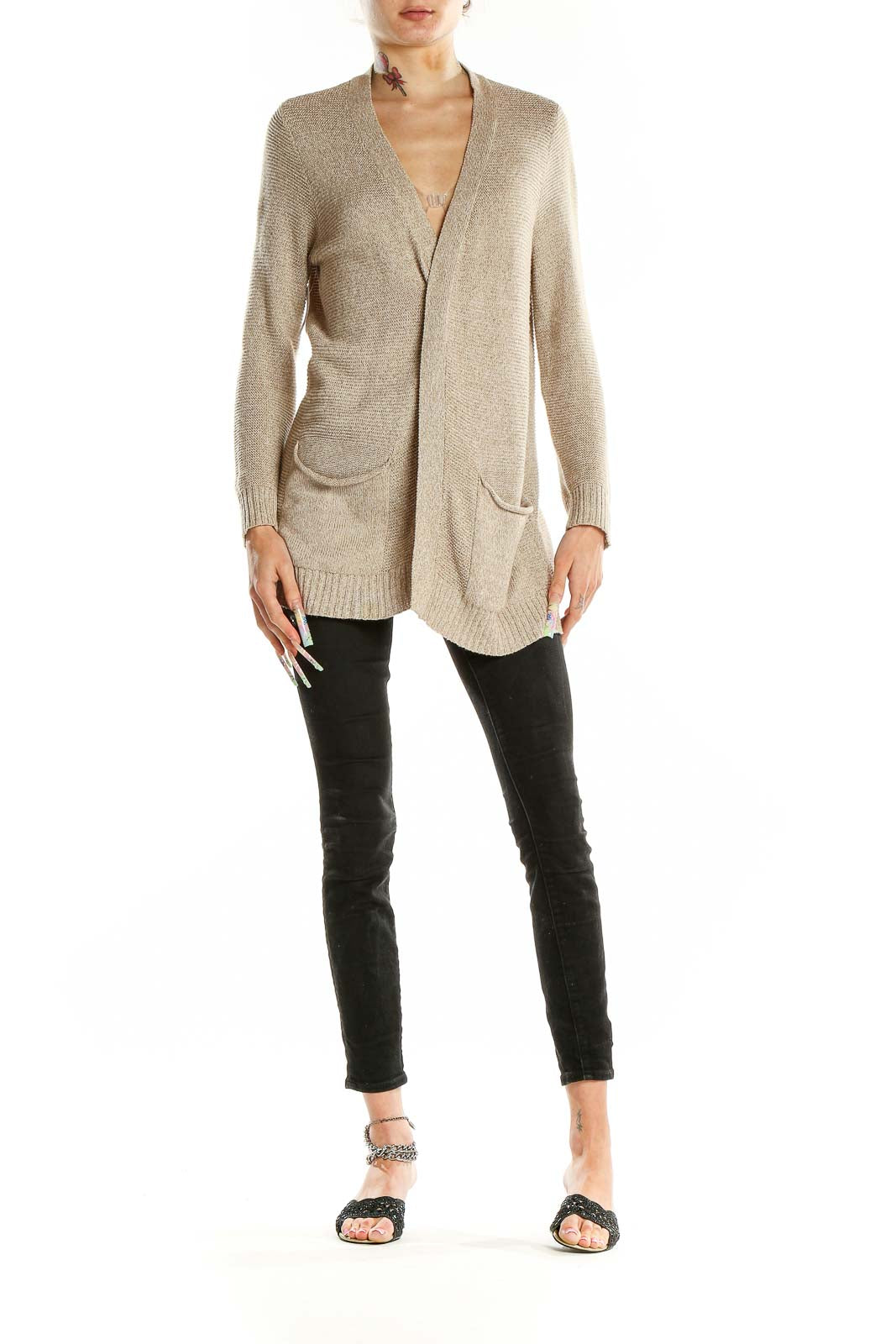 Front view of beige open-front cardigan with pockets