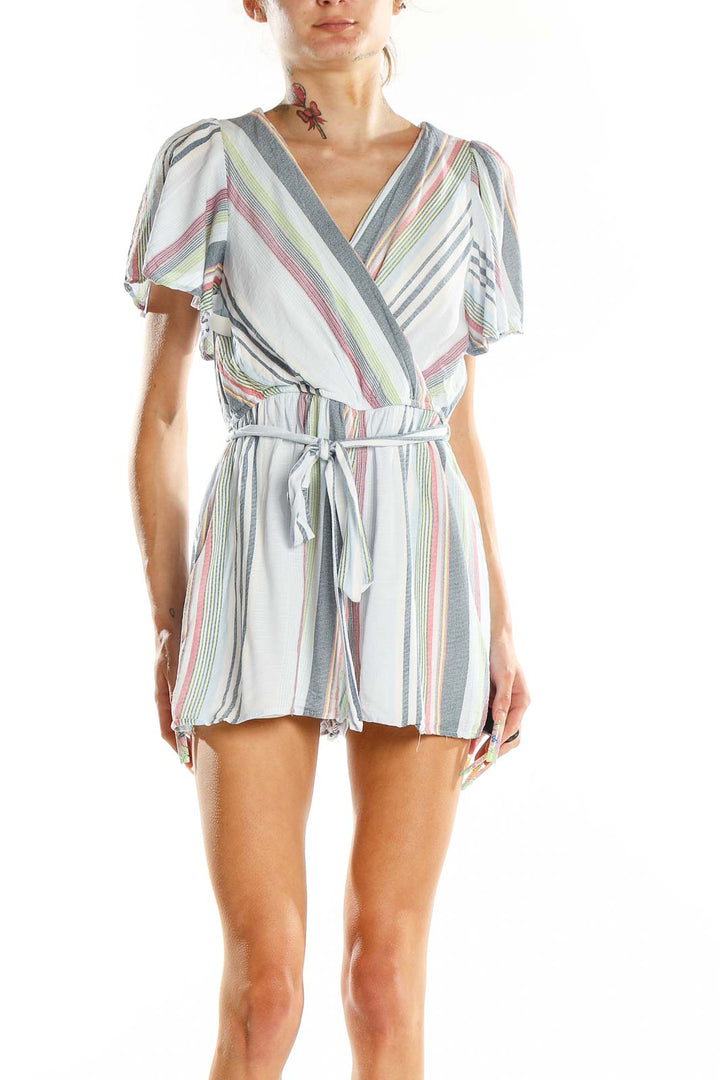 Front view of altar'd state multicolor striped wrap romper with flutter sleeves