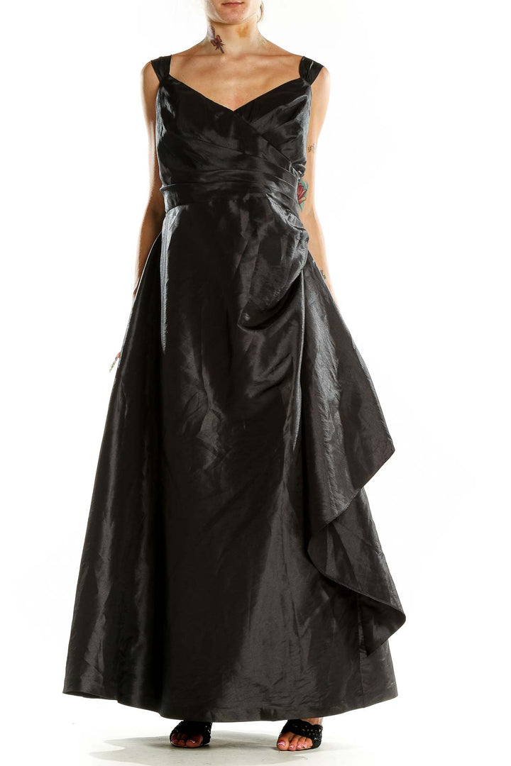 Front view of black Bill Levkoff floor-length gown with sweetheart neckline