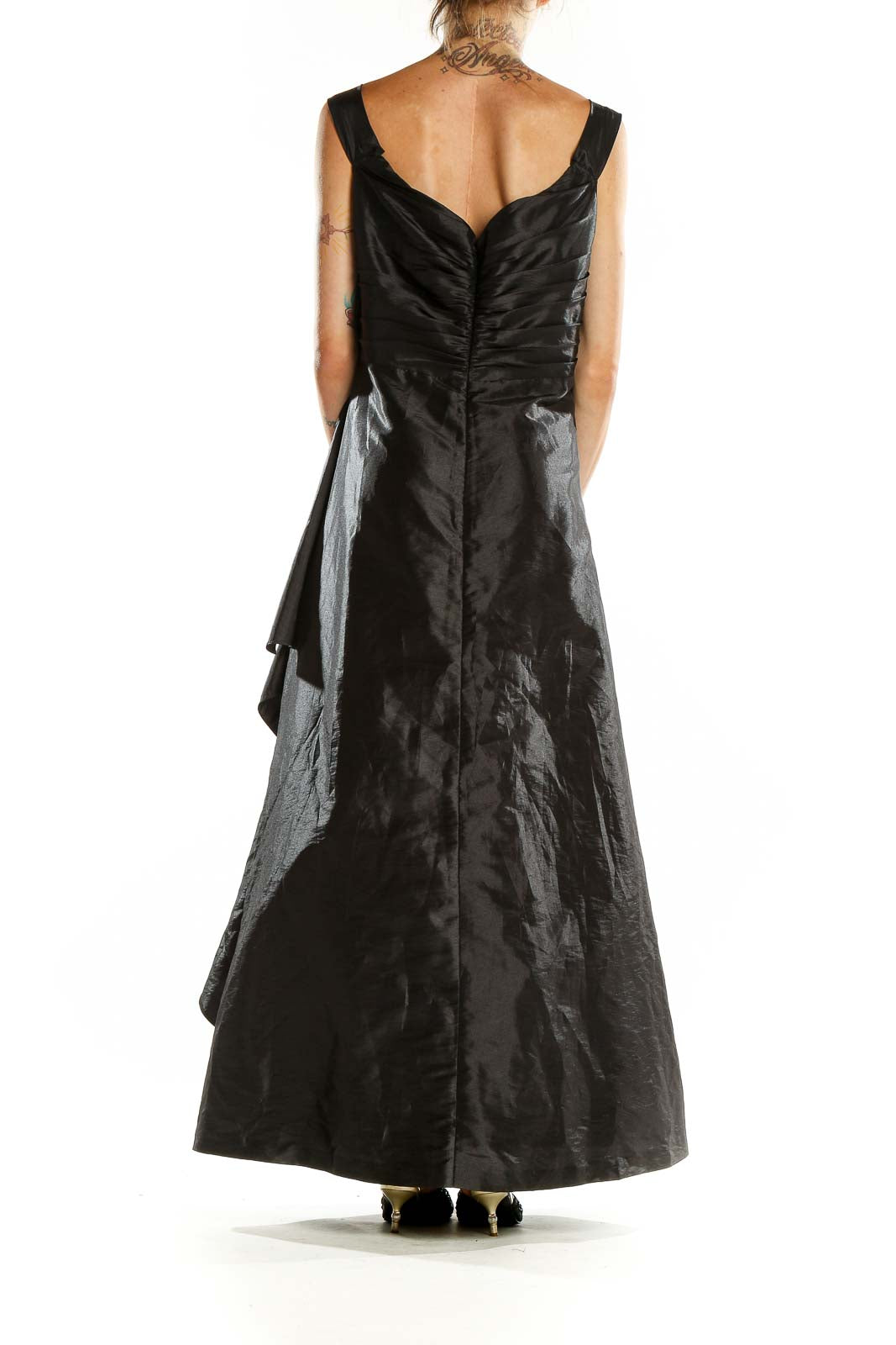 Back view of black Bill Levkoff floor-length gown showing ruched detail