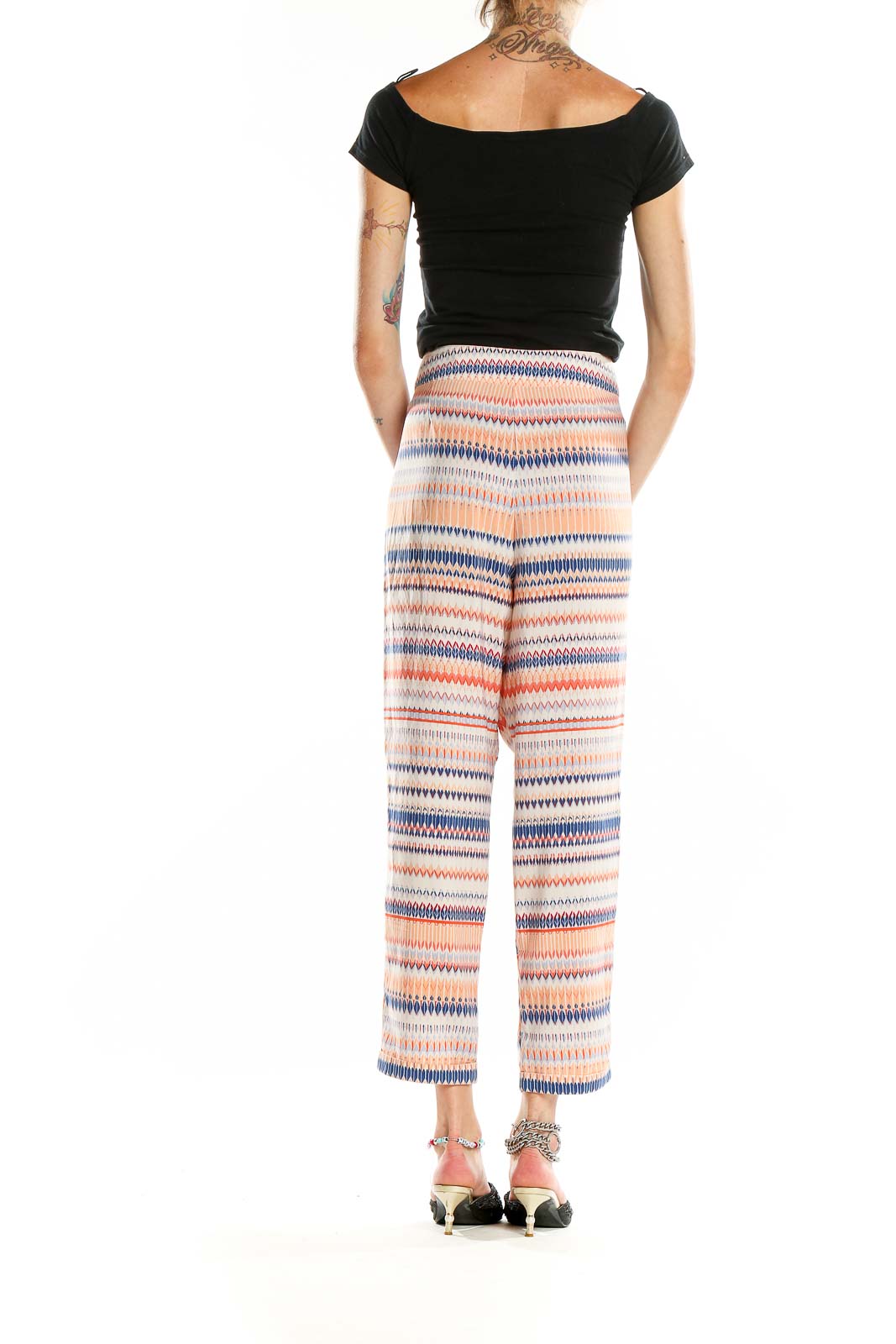 Back view of J.Crew multicolor striped wide-leg pants showing wide-leg silhouette