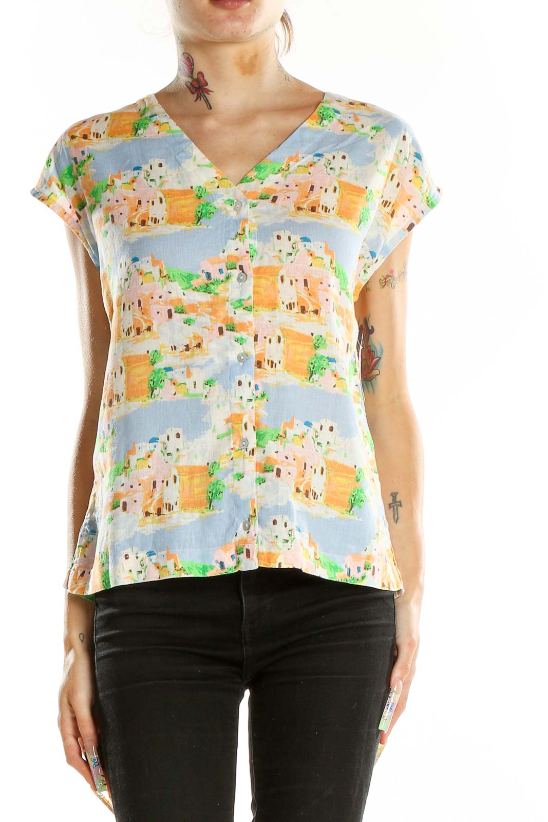 Front view of Cynthia Rowley pastel cityscape print V-neck blouse