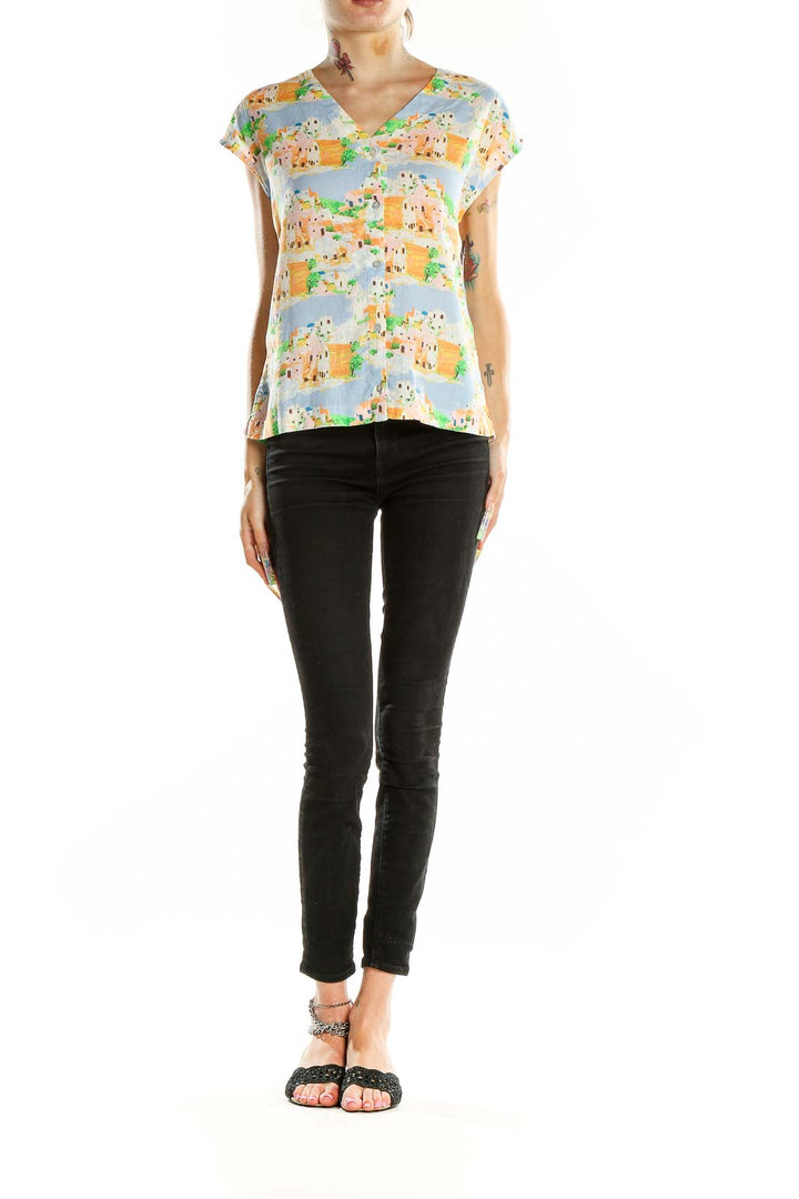 Front view of Cynthia Rowley pastel cityscape print V-neck blouse