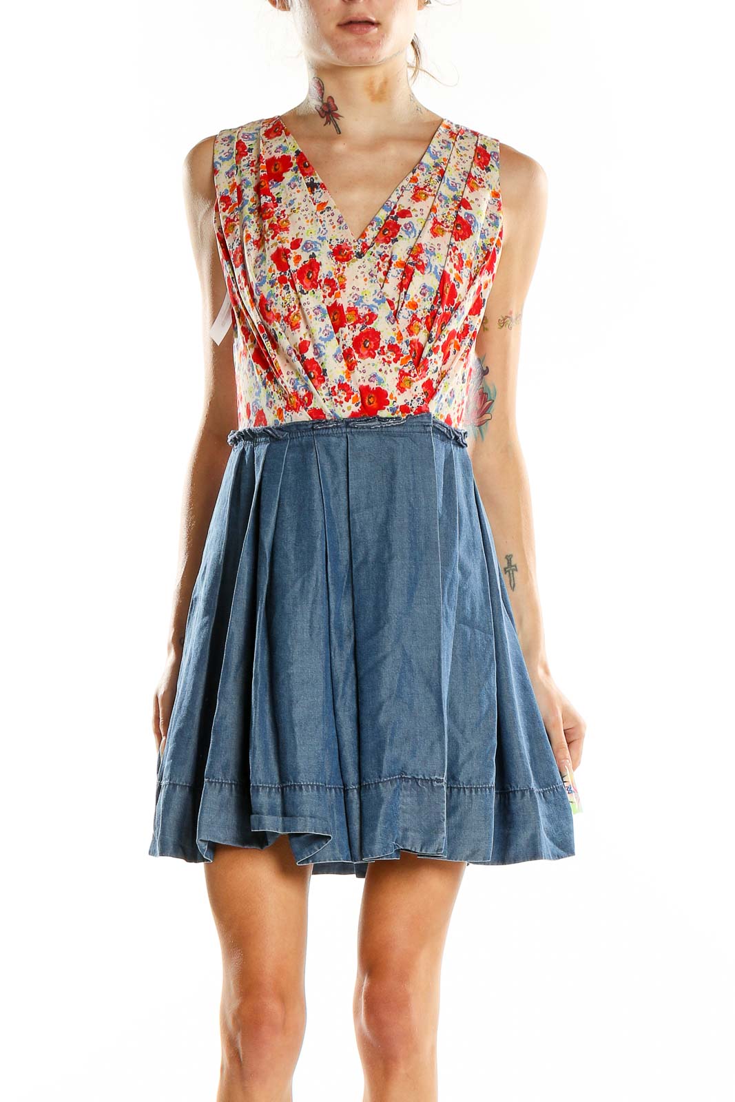 Front view of RACHEL Rachel Roy red floral mini dress with chambray skirt