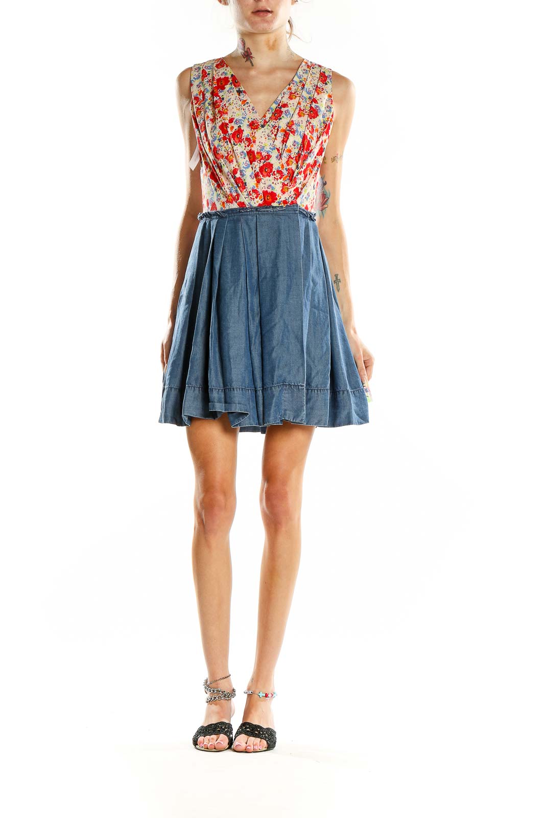 Front view of RACHEL Rachel Roy red floral mini dress with chambray skirt