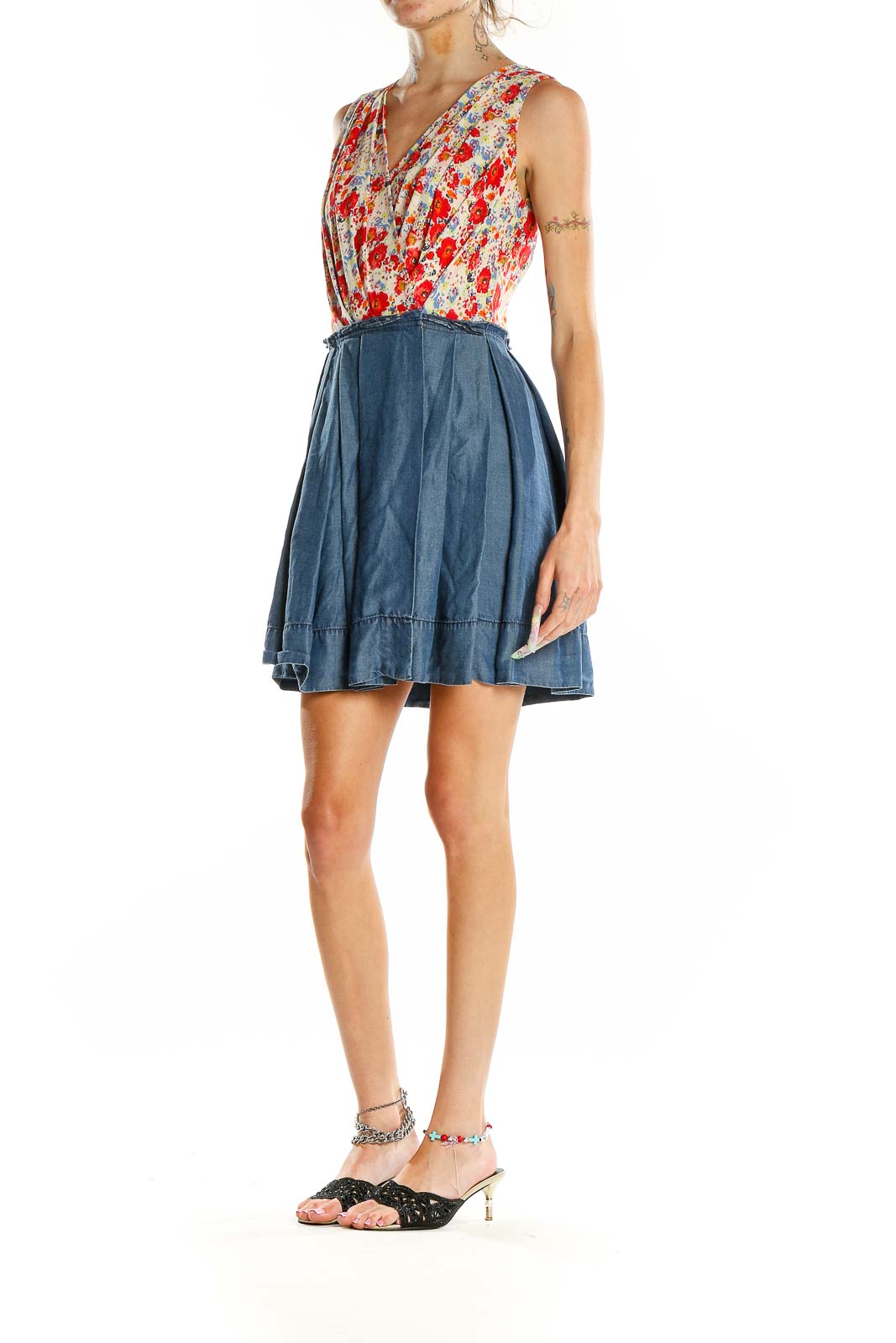 Front view of RACHEL Rachel Roy red floral mini dress with chambray skirt