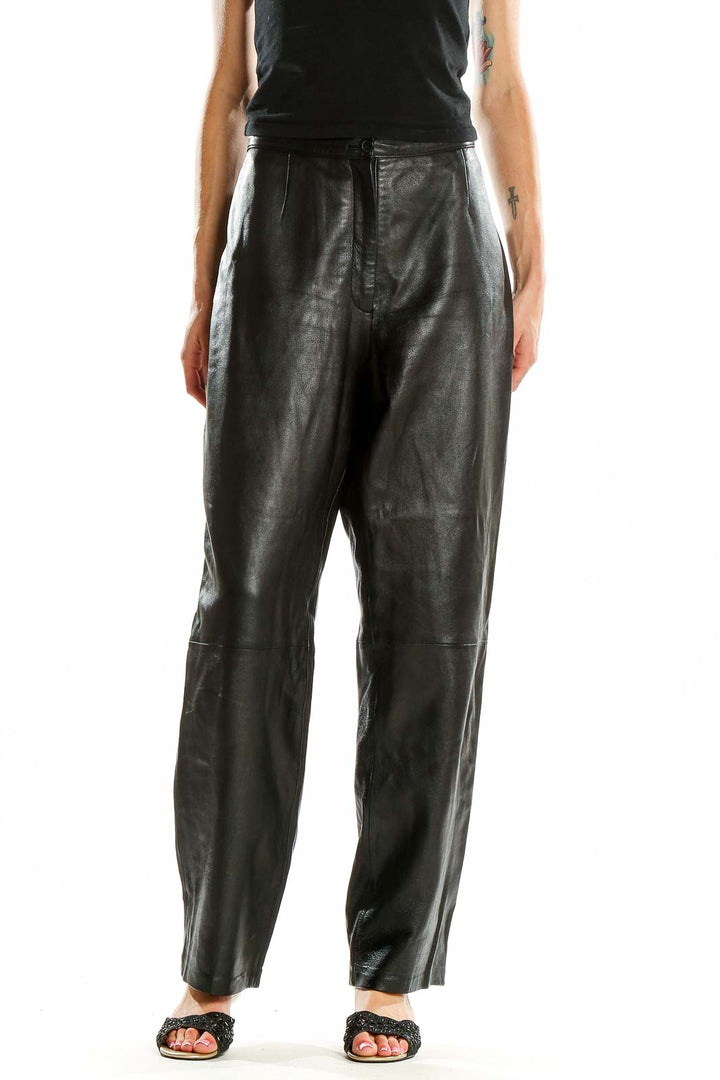 Front view of MIxit black genuine leather wide-leg pants