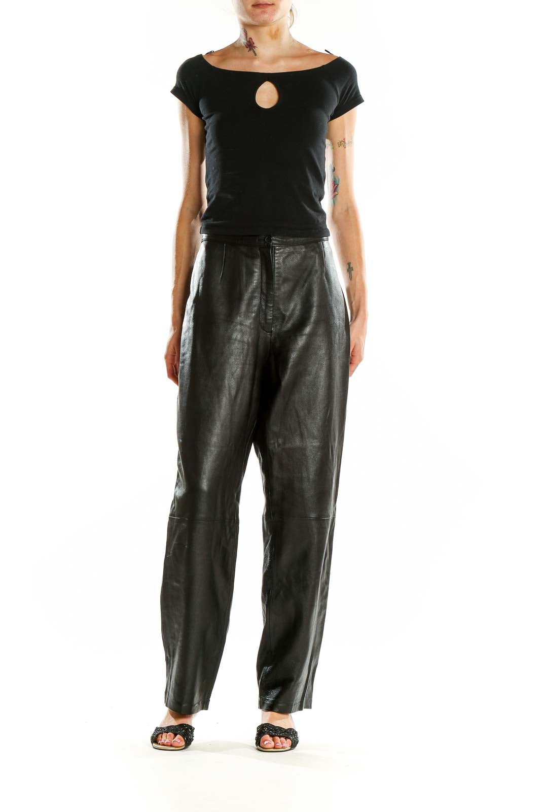 Front view of MIxit black genuine leather wide-leg pants