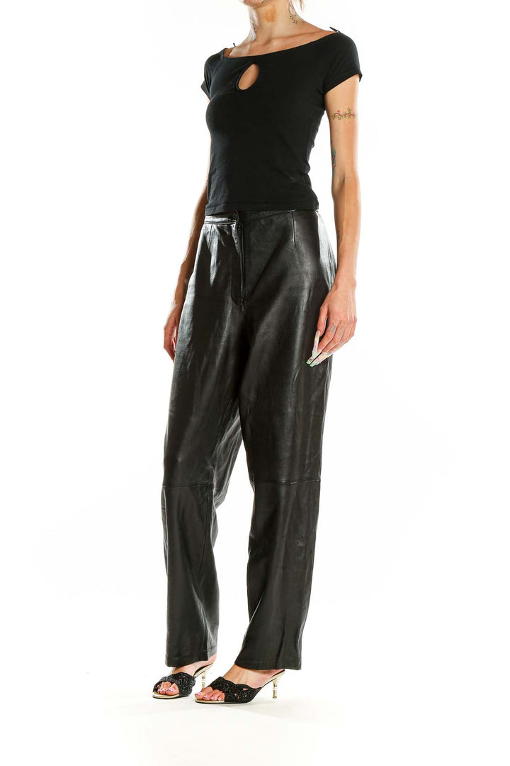 Front view of MIxit black genuine leather wide-leg pants