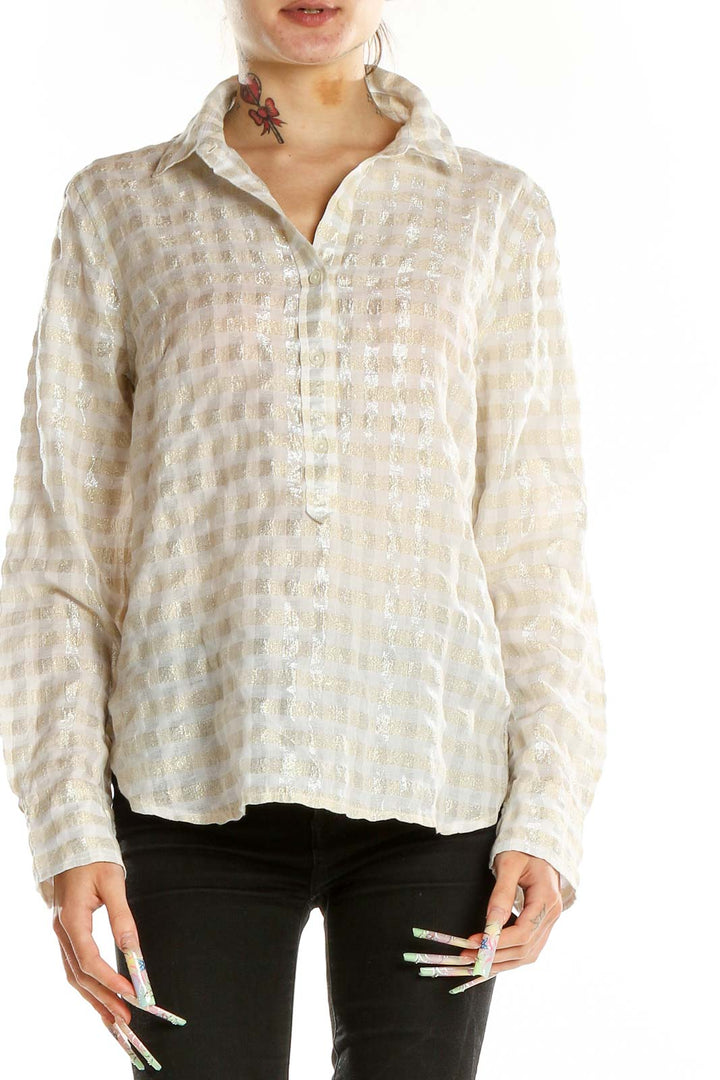 Front view of J.Crew white textured cotton blend button-up shirt