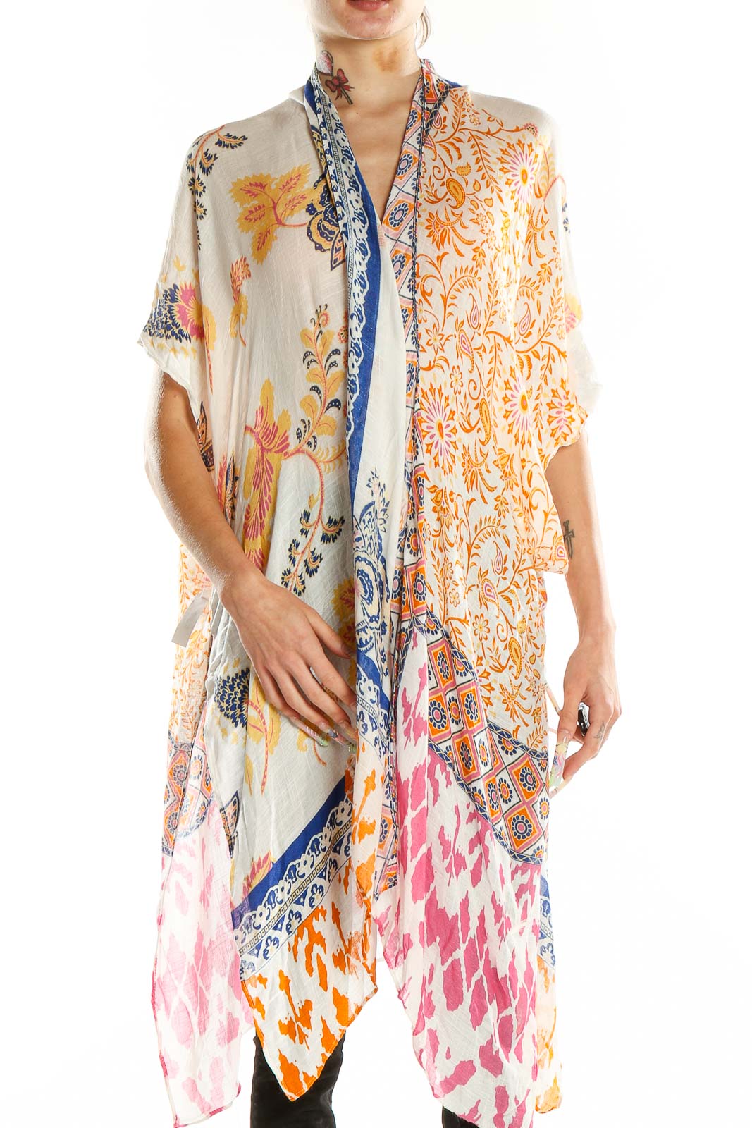 Front view of RACHEL Rachel Roy multicolor floral print kimono top with open front design