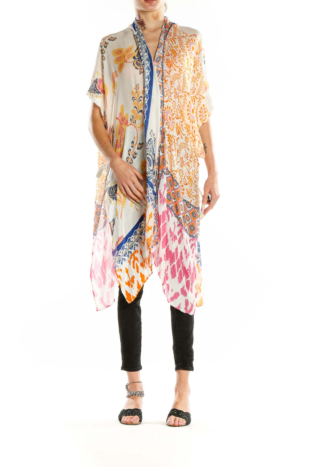 Front view of RACHEL Rachel Roy multicolor floral print kimono top with open front design