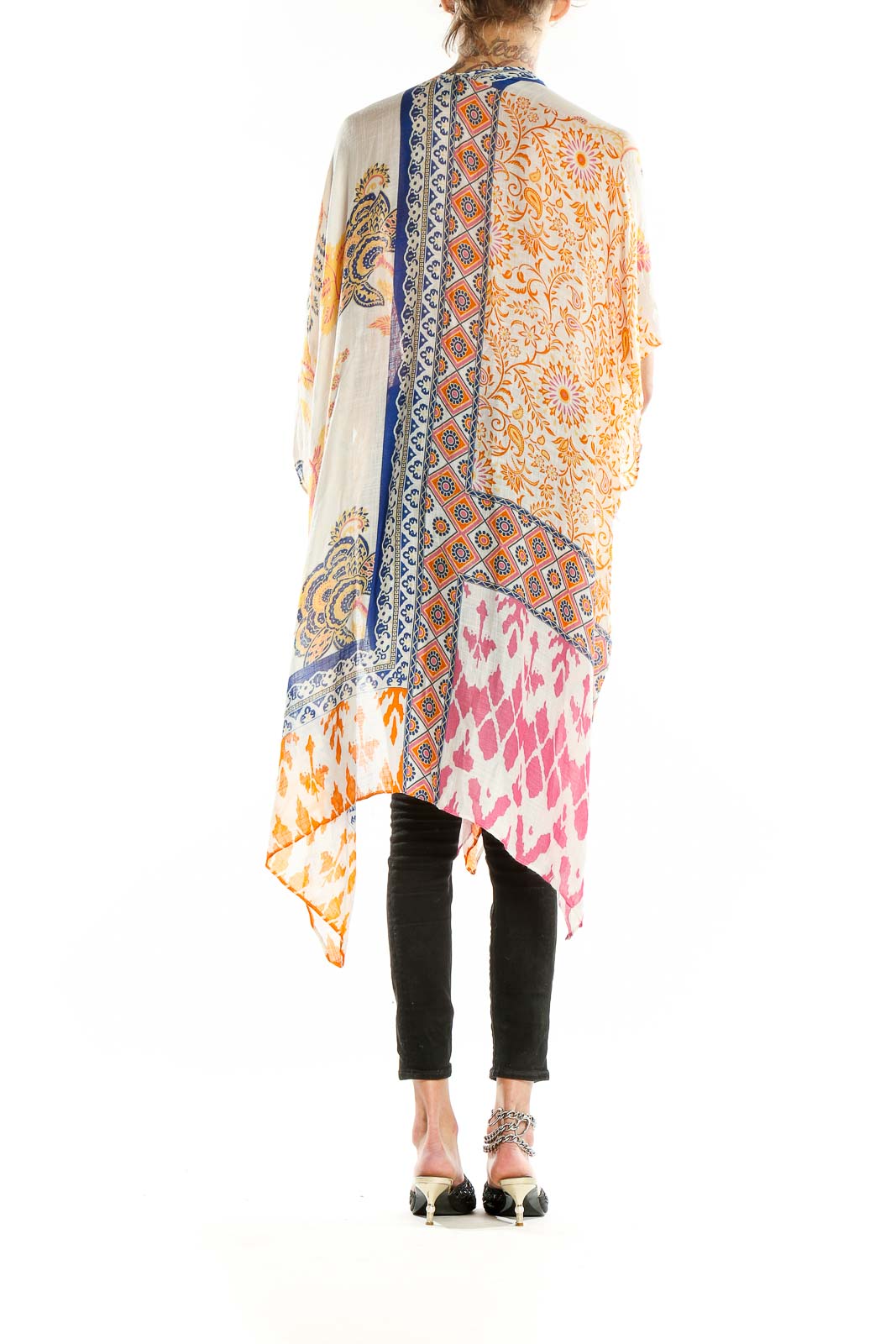 Back view of RACHEL Rachel Roy multicolor floral print kimono top showing full pattern and asymmetrical hemline