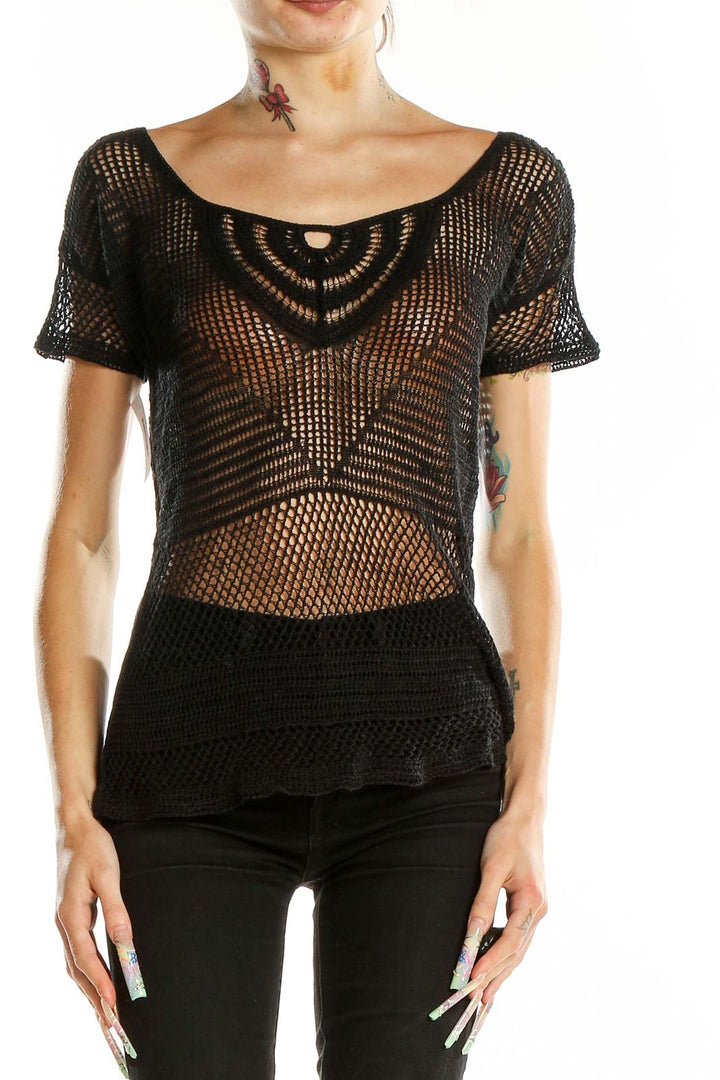 Front view of NIC + ZOE black crochet mesh short sleeve top