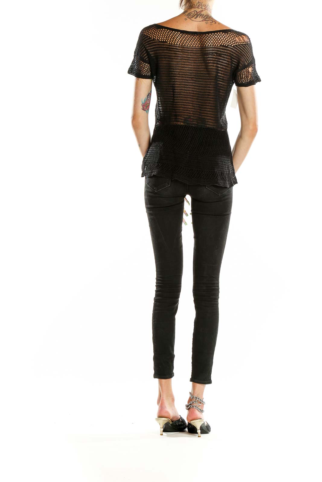 Back view of NIC + ZOE black crochet mesh short sleeve top