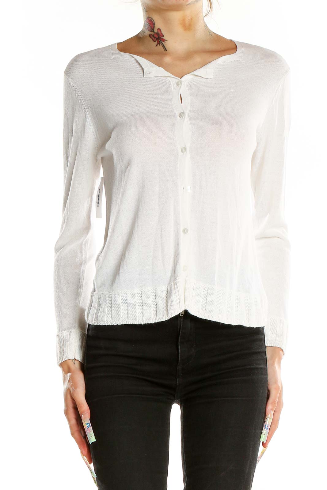 Front view of white Oscar de la Renta button-up cardigan