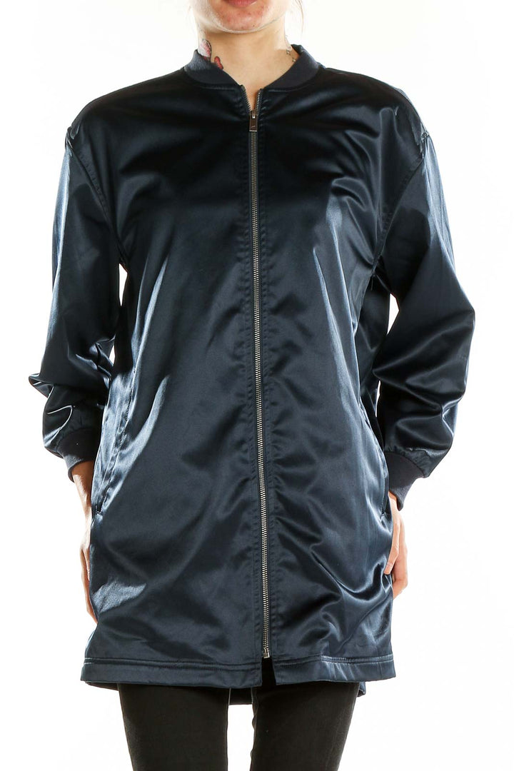 Front view of Navy Satin Longline Bomber Jacket by Two by Vince Camuto