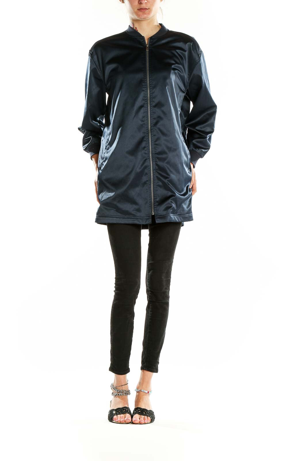 Front view of Navy Satin Longline Bomber Jacket by Two by Vince Camuto