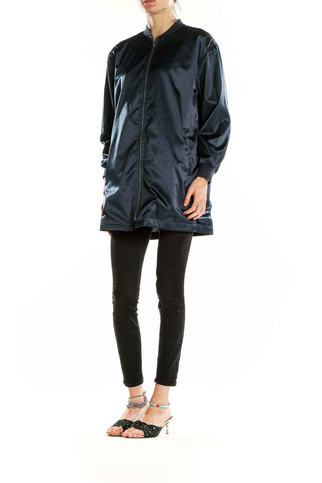 Front view of Navy Satin Longline Bomber Jacket by Two by Vince Camuto