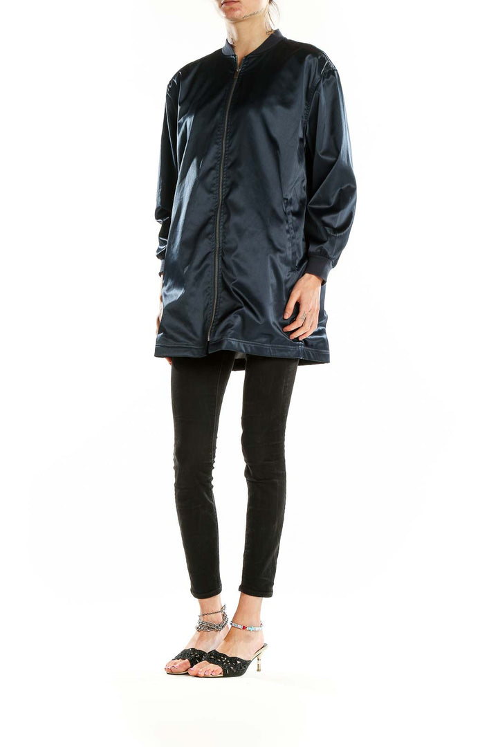 Front view of Navy Satin Longline Bomber Jacket by Two by Vince Camuto