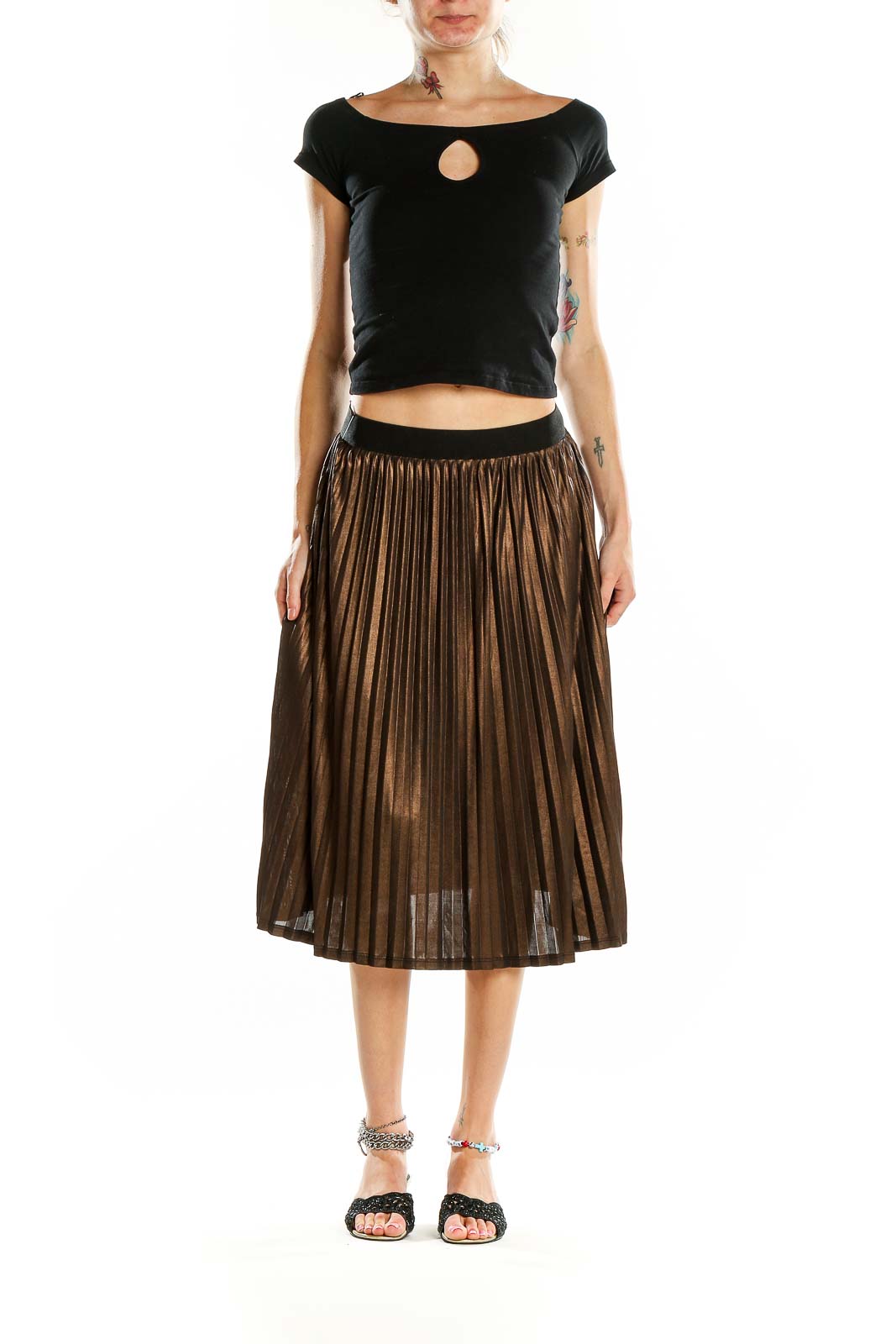 Gold  Pleated Flared Skirt