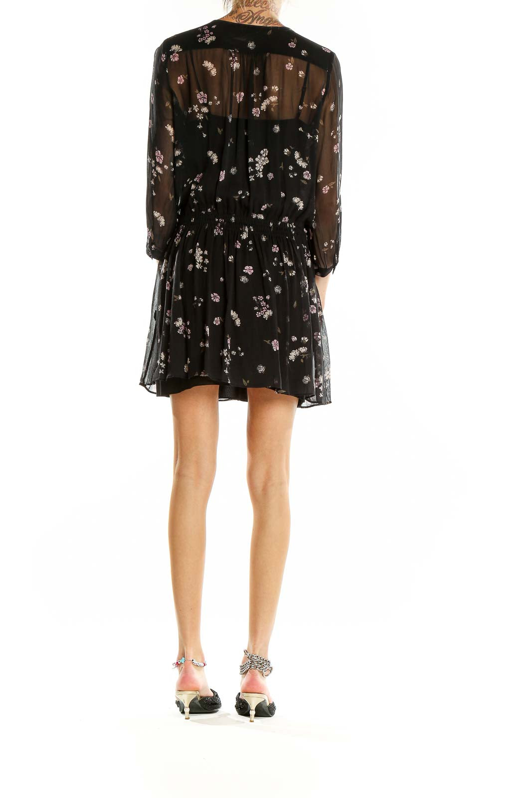 Black Retro Floral Print Keyhole Silk Dress