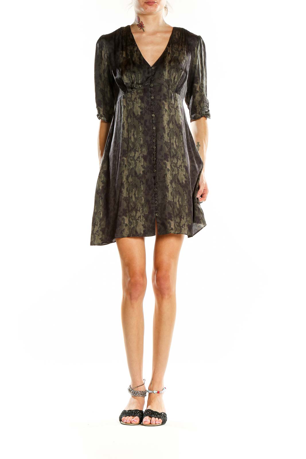 Green V Neck Animal Print Dress