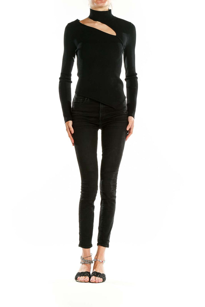 Black Open Shoulder Long Sleeve Solid Top