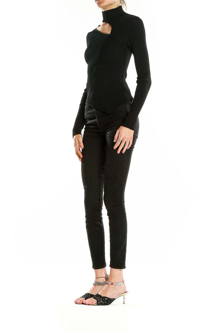 Black Open Shoulder Long Sleeve Solid Top