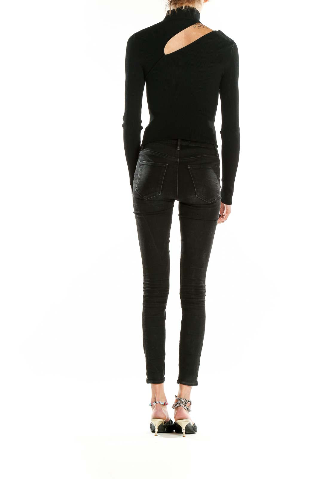 Black Open Shoulder Long Sleeve Solid Top