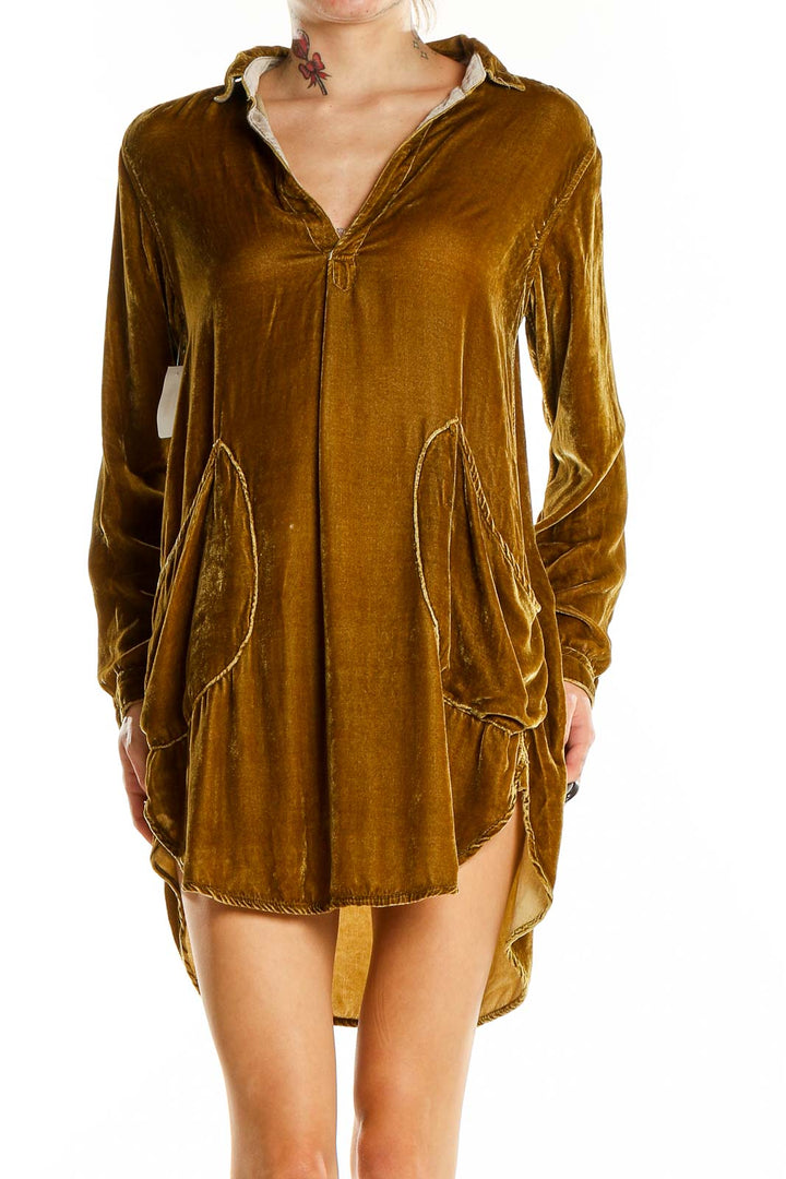 Front view of golden velvet shirt dress by Free People x CP SHADES