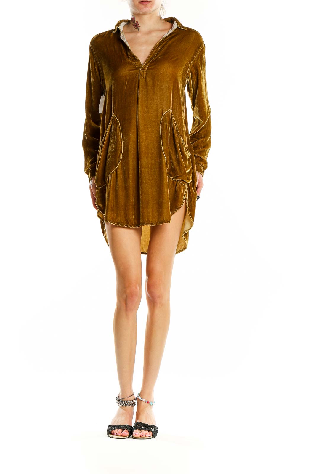 Front view of golden velvet shirt dress by Free People x CP SHADES