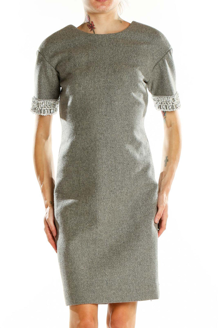 Front view of J.Crew Collection gray wool sheath dress with embellished sleeves