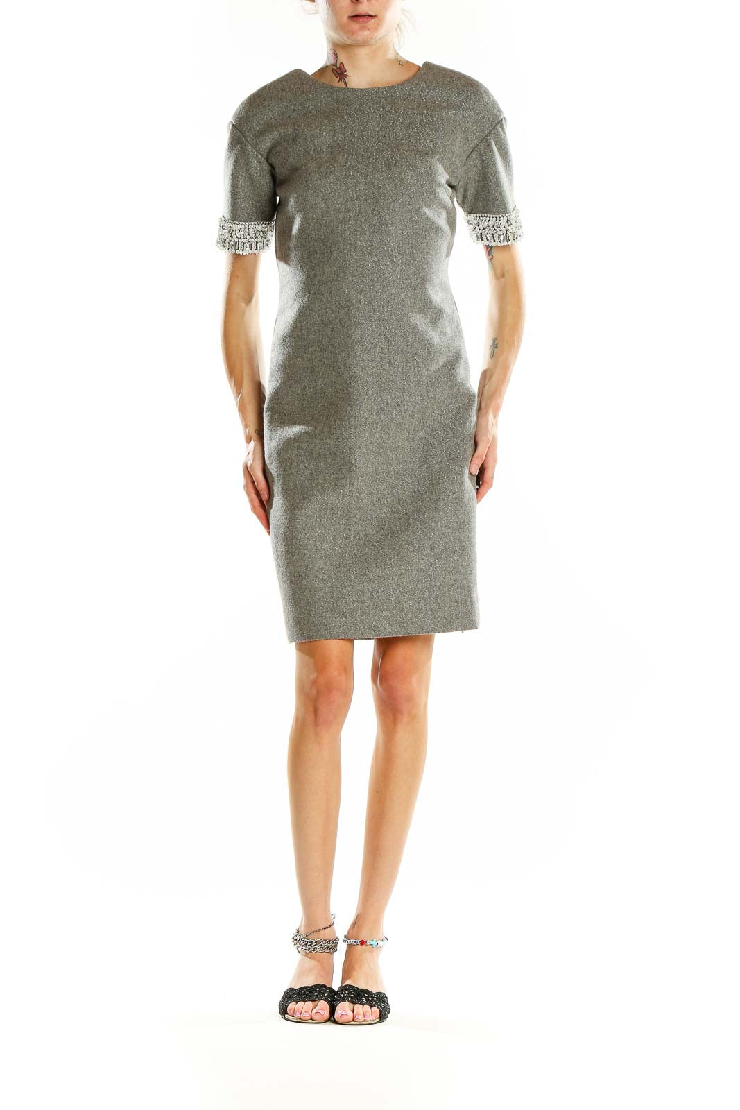 Front view of J.Crew Collection gray wool sheath dress with embellished sleeves